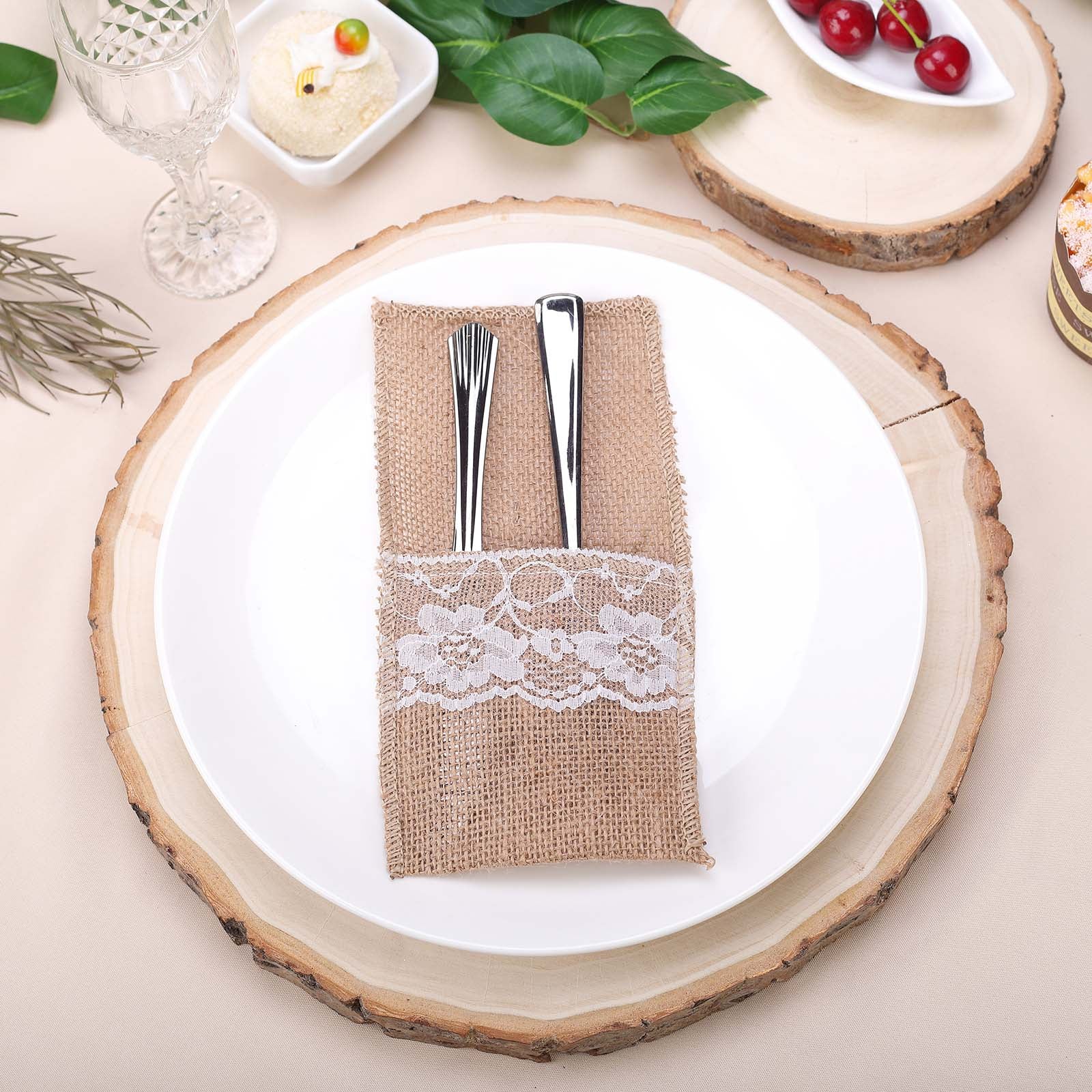 Natural color round wood slice table centerpiece.
