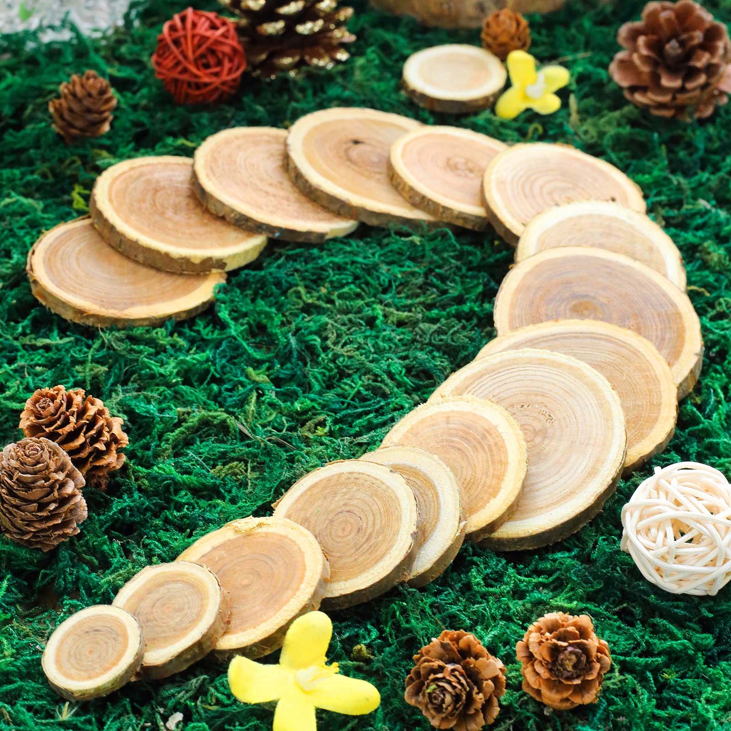 Rustic cedar wood slices for wedding table scatters on green moss.