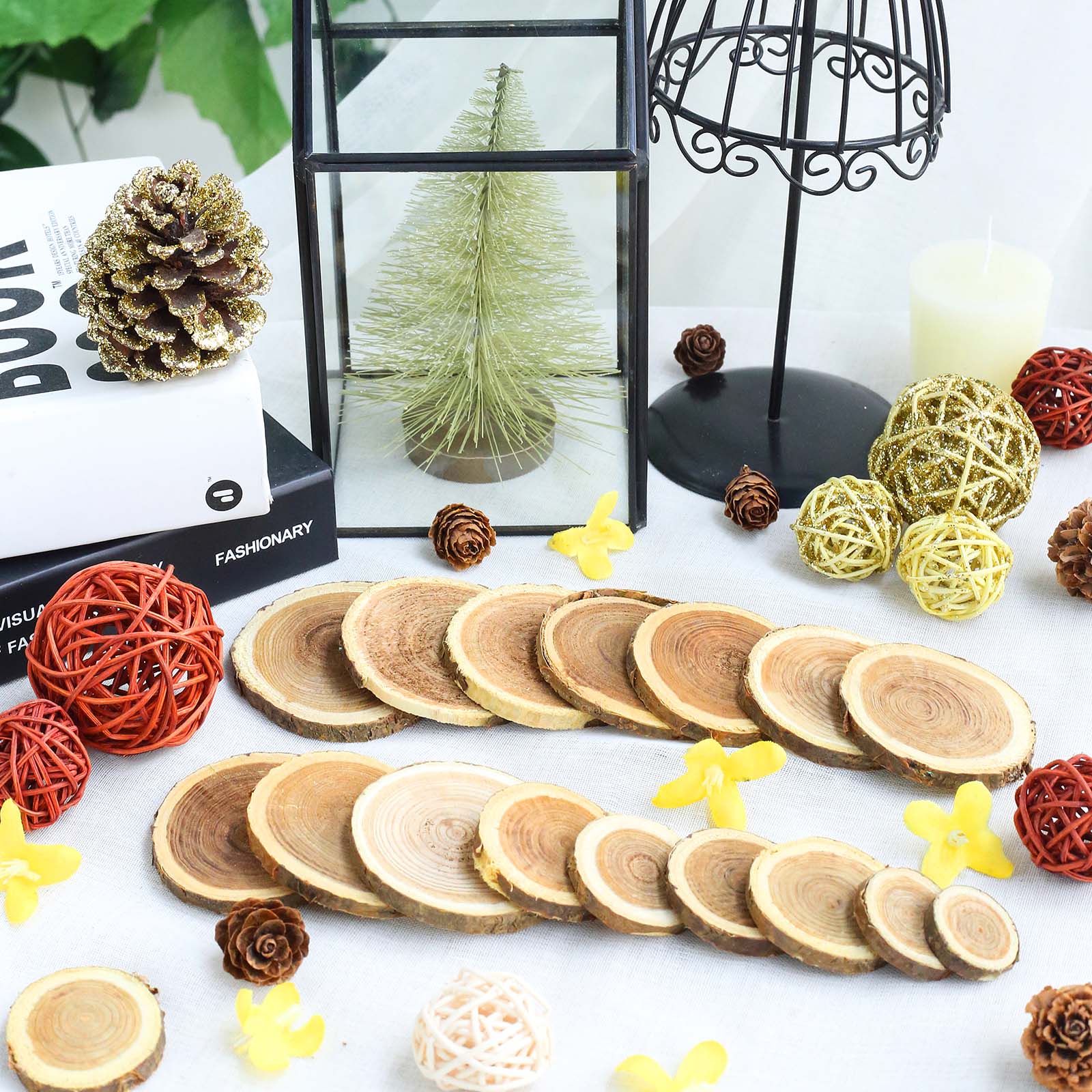 Rustic cedar wood slices table scatters for weddings and decor.