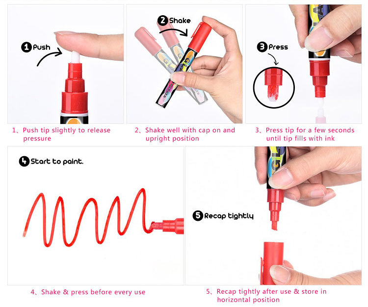Red erasable liquid chalk markers with bullet and chisel tips for versatile use.